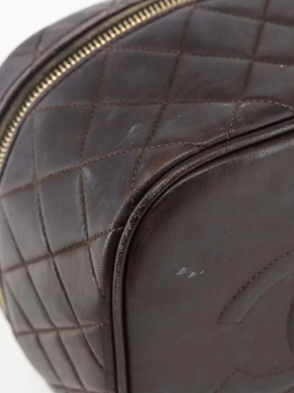 CHANEL Matelasse Vanity Hand Bag Lamb Skin Dark Brown Gold CC Auth 170916